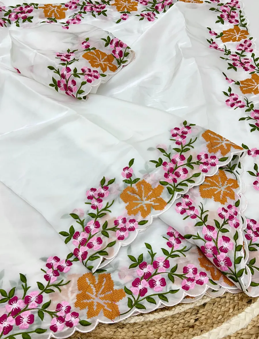 Soft Zimmy Silk Saree with Multicolor Cross Stitch Work
